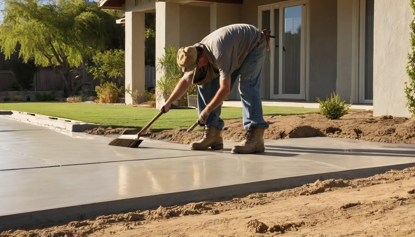 New residential concrete driveway leading to a stucco ranch home in West Sacramento